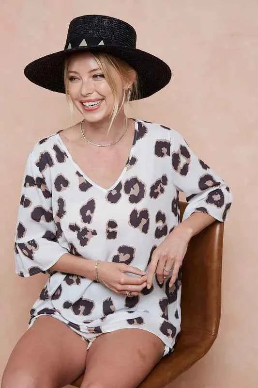 BiBi Leopard Printed V Neck Woven Top with Ruffled a57a802f51f84c8497338faa6f668096-Max-Origin