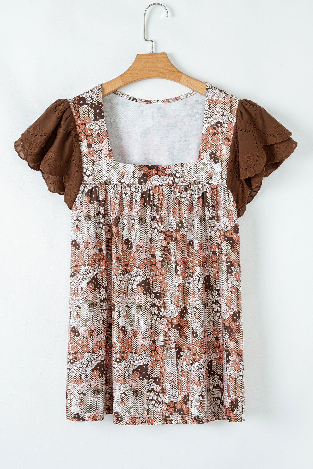 Khaki Floral Patchwork Flowy Sleeve Plus Size Blouse a58306c2e51af518