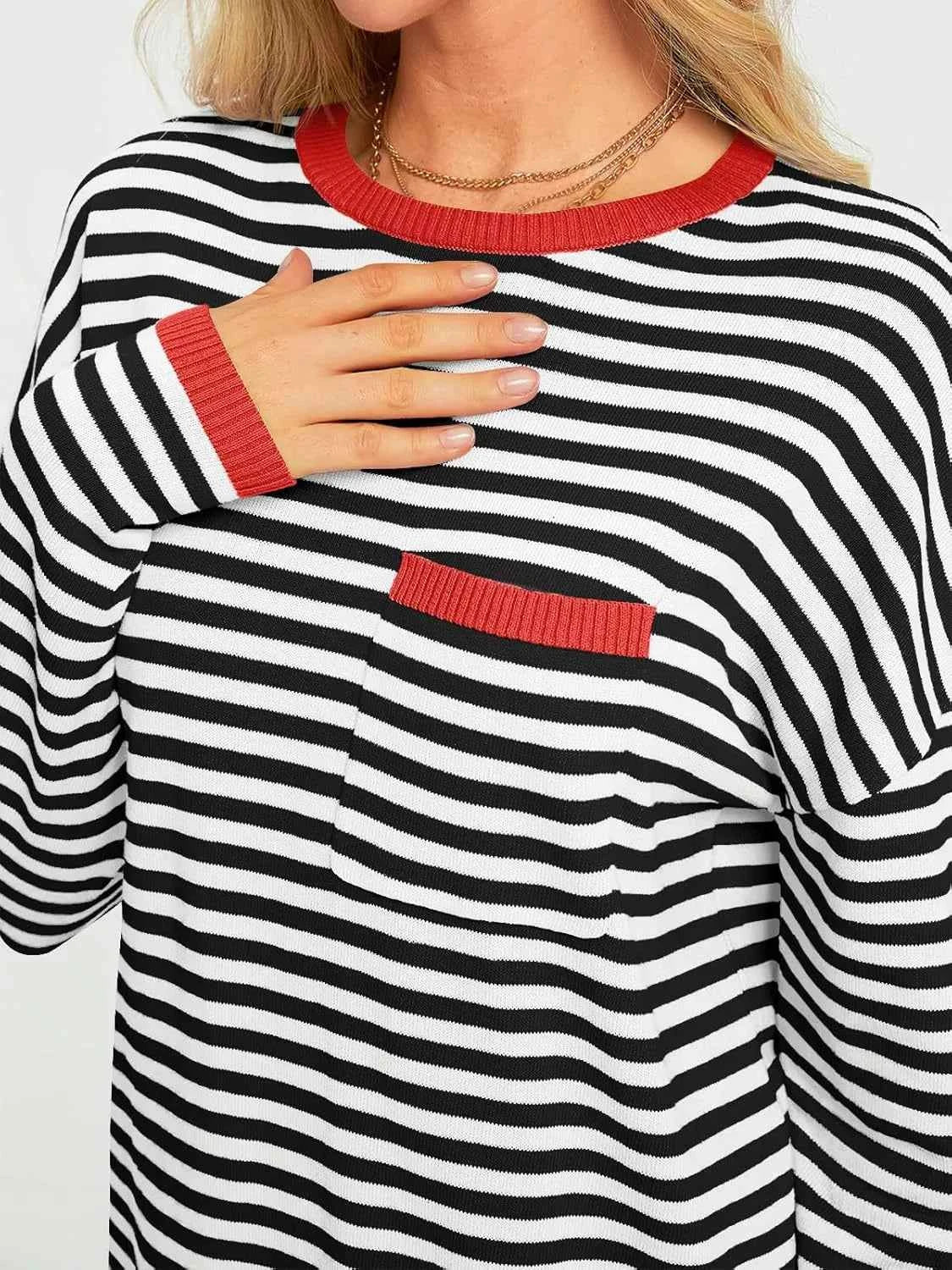 Striped Long Sleeve Sweater with Contrast Ribbed Trim a58d9e1b-9130-4e1a-8298-6337d822cd1f-Max-Origin