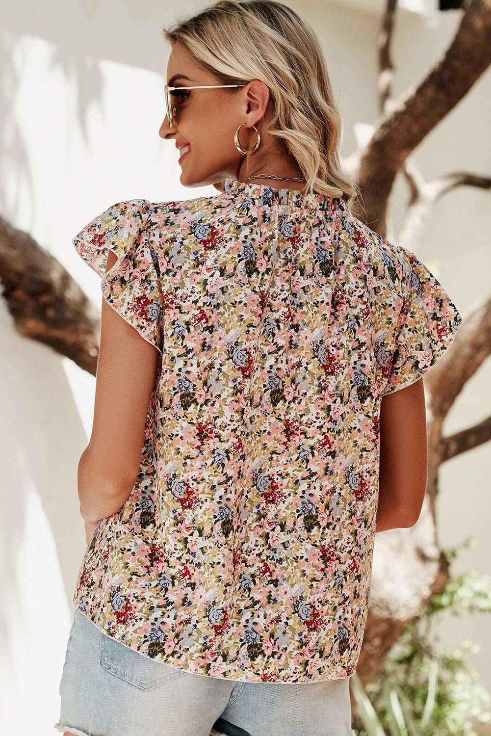 Red Boho Floral Frilled Button Neck Ruffle Short Sleeve Blouse a5aabd9153be22a6-_2