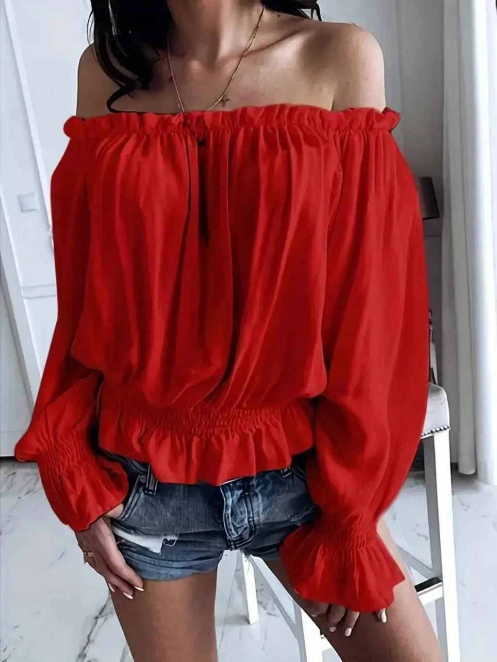 Off-Shoulder Flounce Sleeve Blouse Deep Red a5bec4be-f1b2-4c24-a482-355303f56dd9-Max-Origin