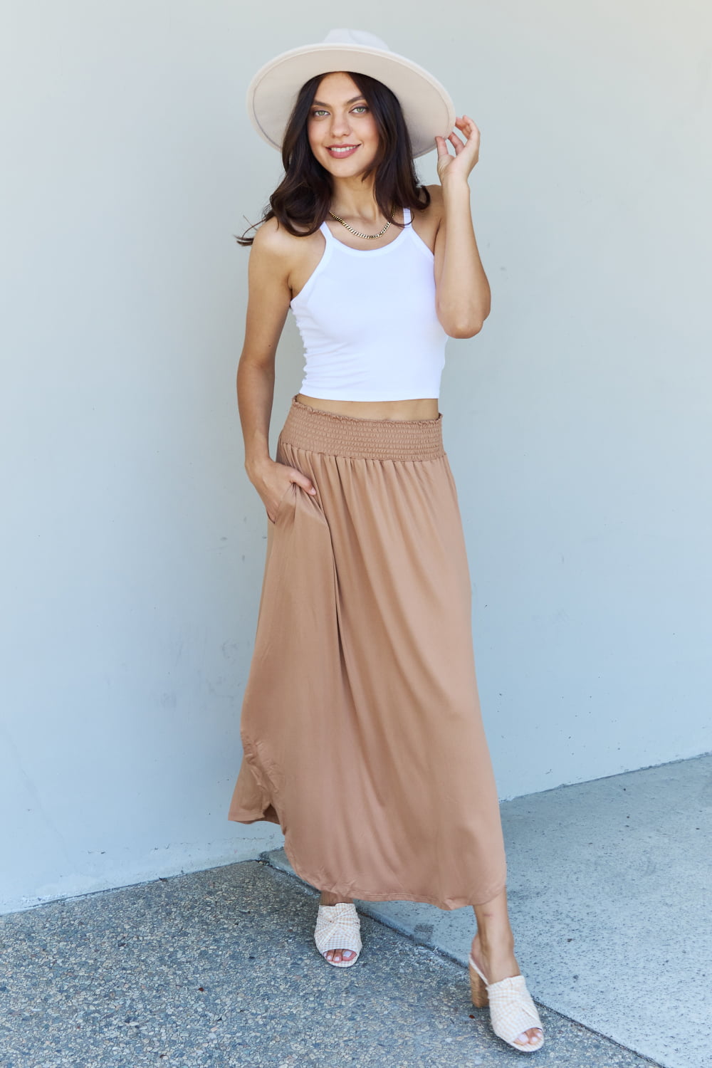 Doublju Comfort Princess Full Size High Waist Scoop Hem Maxi Skirt in Tan a5c49f3e89e14bb4b596e4a696a5d07c-Max