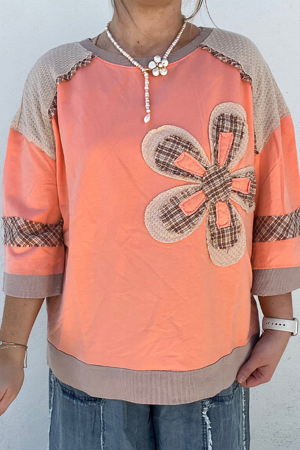 Grapefruit Orange Plaid Waffle Flower Patchwork Bracelet Sleeve Top a5c5f5799b334d07