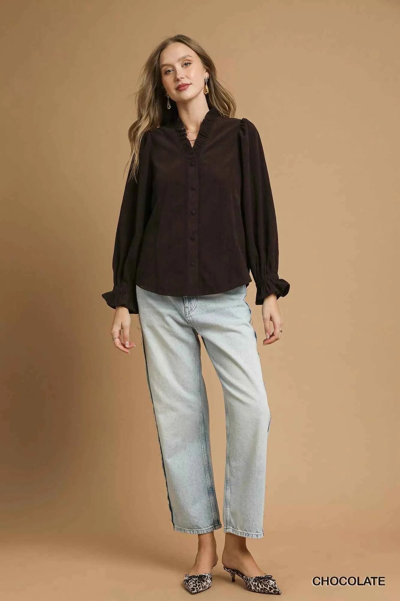 Umgee Corduroy Ruffle Shirt with Long Puff Sleeves a5d0b8d0-400a-4518-99ad-ae96f423f9e5-Max-Origin