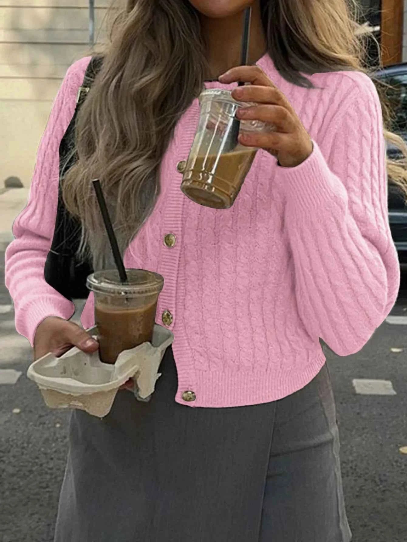 Cable Knit Button-Up Cardigan Pink a5d28bc2-c534-4894-92c9-9623ee8faa9e-Max-Origin