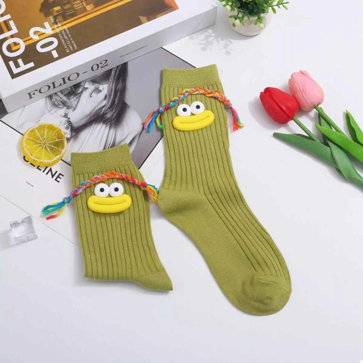 Cartoon Ribbed Knit Crew Socks Matcha Green One Size a5e0d5af-2ebf-4361-b3e9-4099e4ac3200-Max-Origin