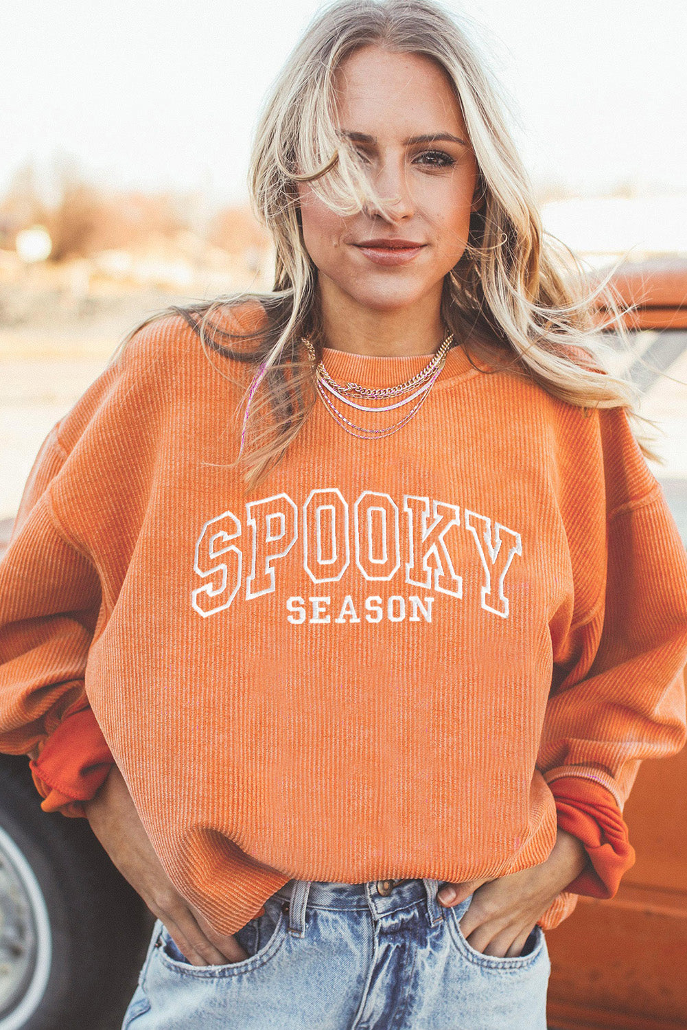 Orange SPOOKY SEASON Embroidered Letter Graphic Twisted Ribbed Sweatshirt a5e4d614b13d5df3