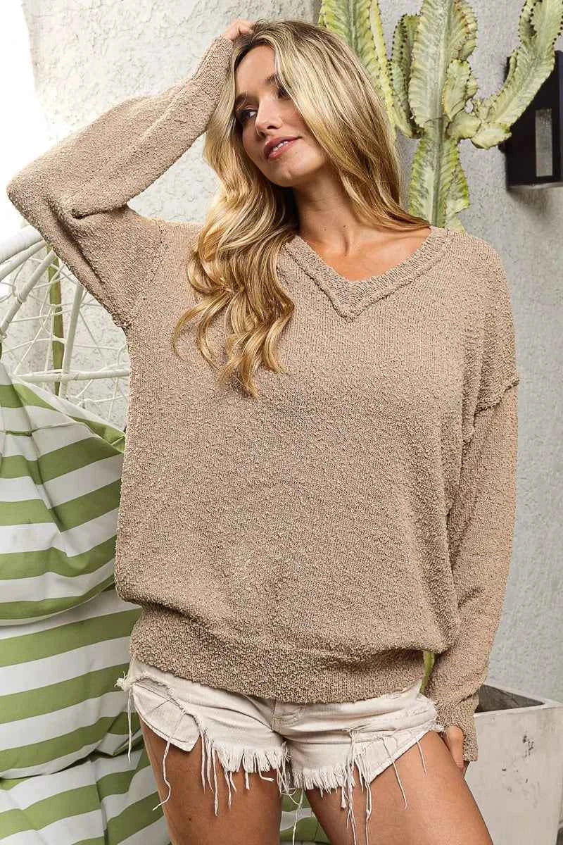 BiBi Raw Edged Popcorn Texture V-neck Sweater a5f14006bcbb4071a2688523eaaccc45-Max-Origin