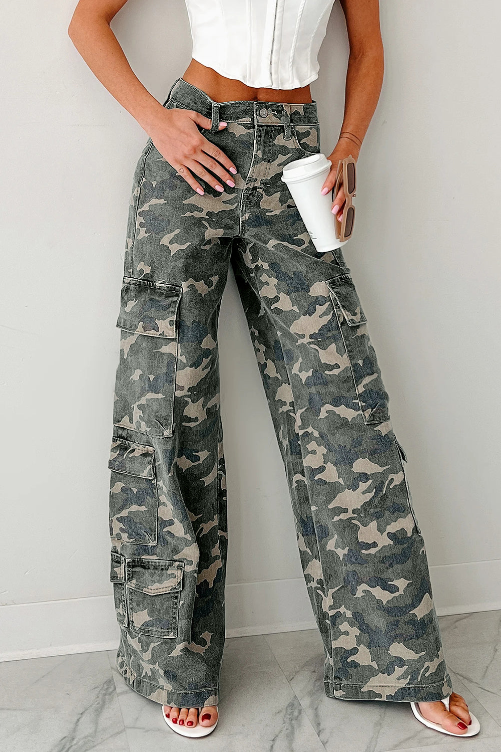 Green Camo Multi Pocket Cargo Wide Leg Jeans Green 65%Cotton+35%Polyester a5f2d62a4d3c0318
