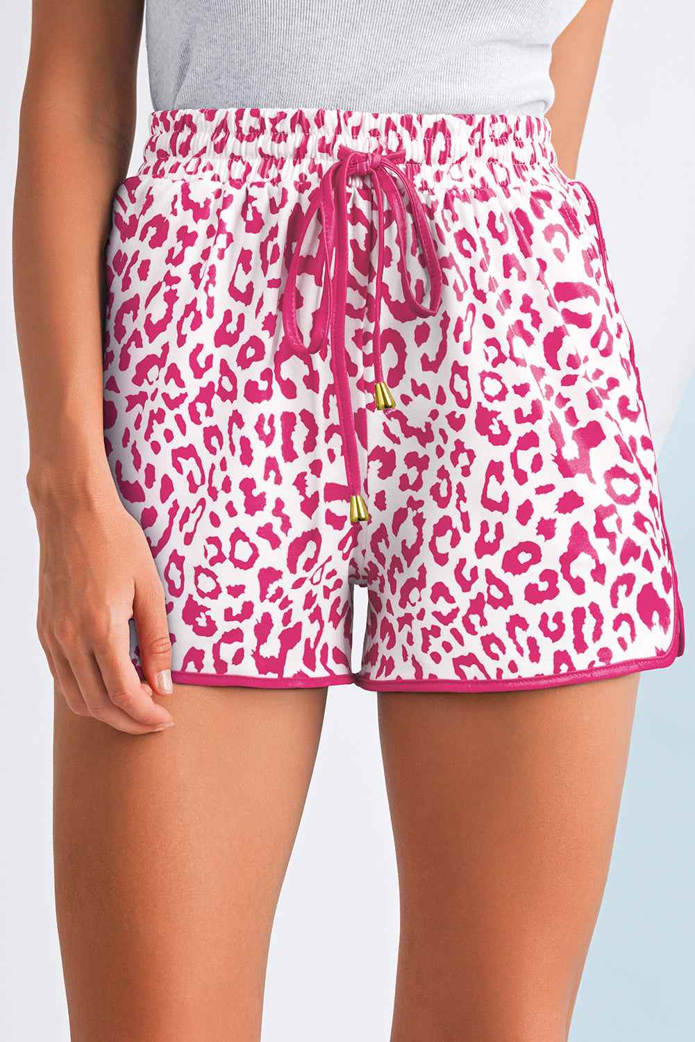 Blue Leopard Elastic Waist Lace up Contrast Trim Casual Shorts Pink a60603a7324cde04