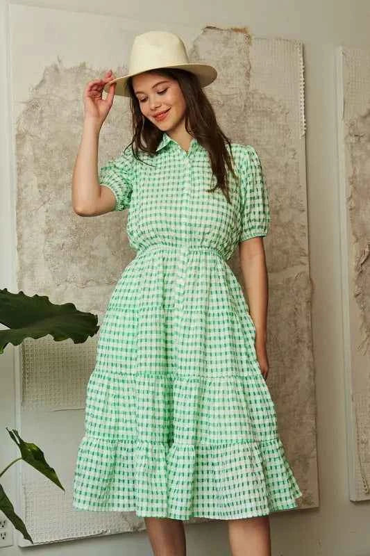 Davi & Dani Checkered Puff Sleeve Tiered Shirt Dress Green a61282a1bd1a455981fb009674a1abff-Max-Origin