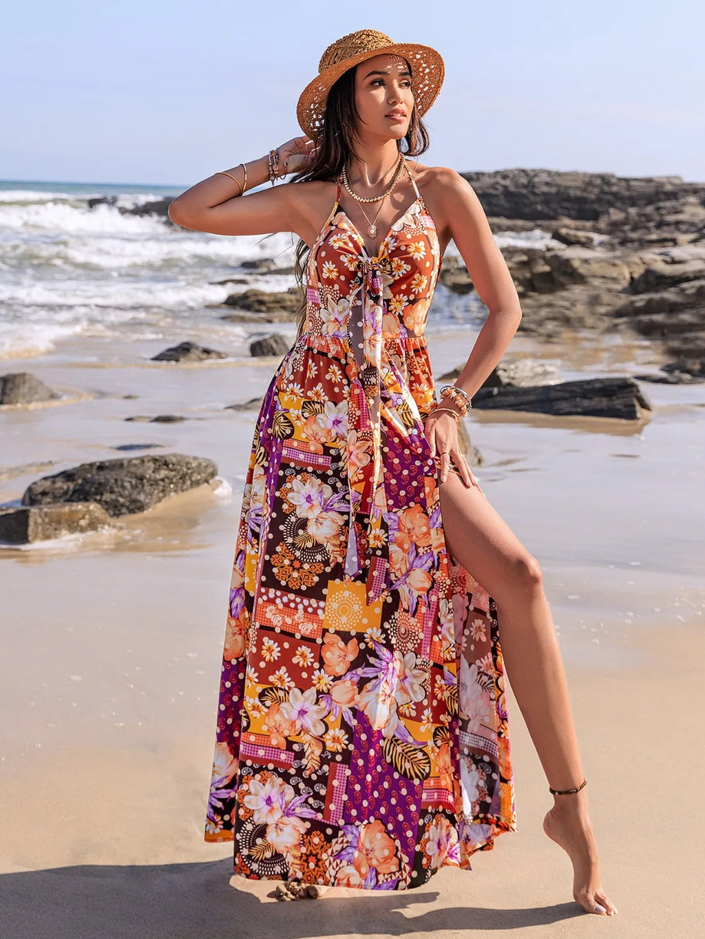 Slit Printed Halter Neck Cami Dress a61a5c35-1721-440e-af94-44670a08996c-Max-Origin