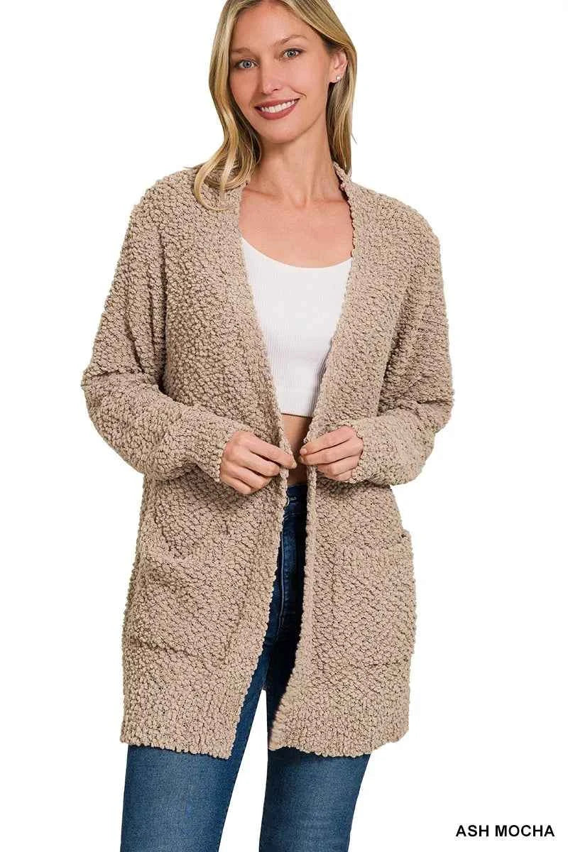 Zenana Long Sleeve Popcorn Sweater Cardigan with Pockets ASH MOCHA a62b08beb010455d9c9205d1021dd799-Max-Origin