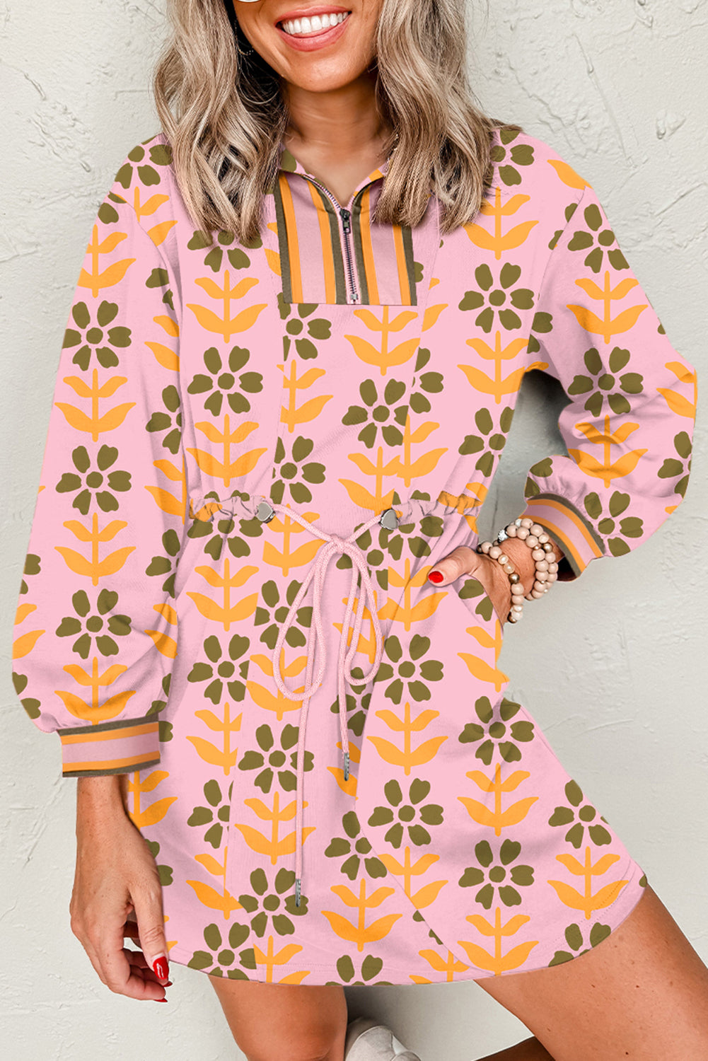 Pink Floral Print Zip Neck Striped Patchwork Long Sleeve Drawstring Dress a62dbe434aefb89c