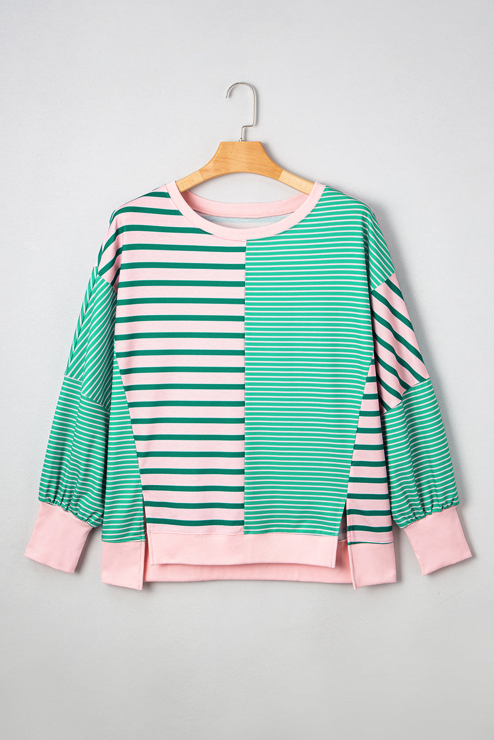 Green Stripe Colorblock Patchwork Side Slit Plus Size Sweatshirt a6379bb4c32c100f
