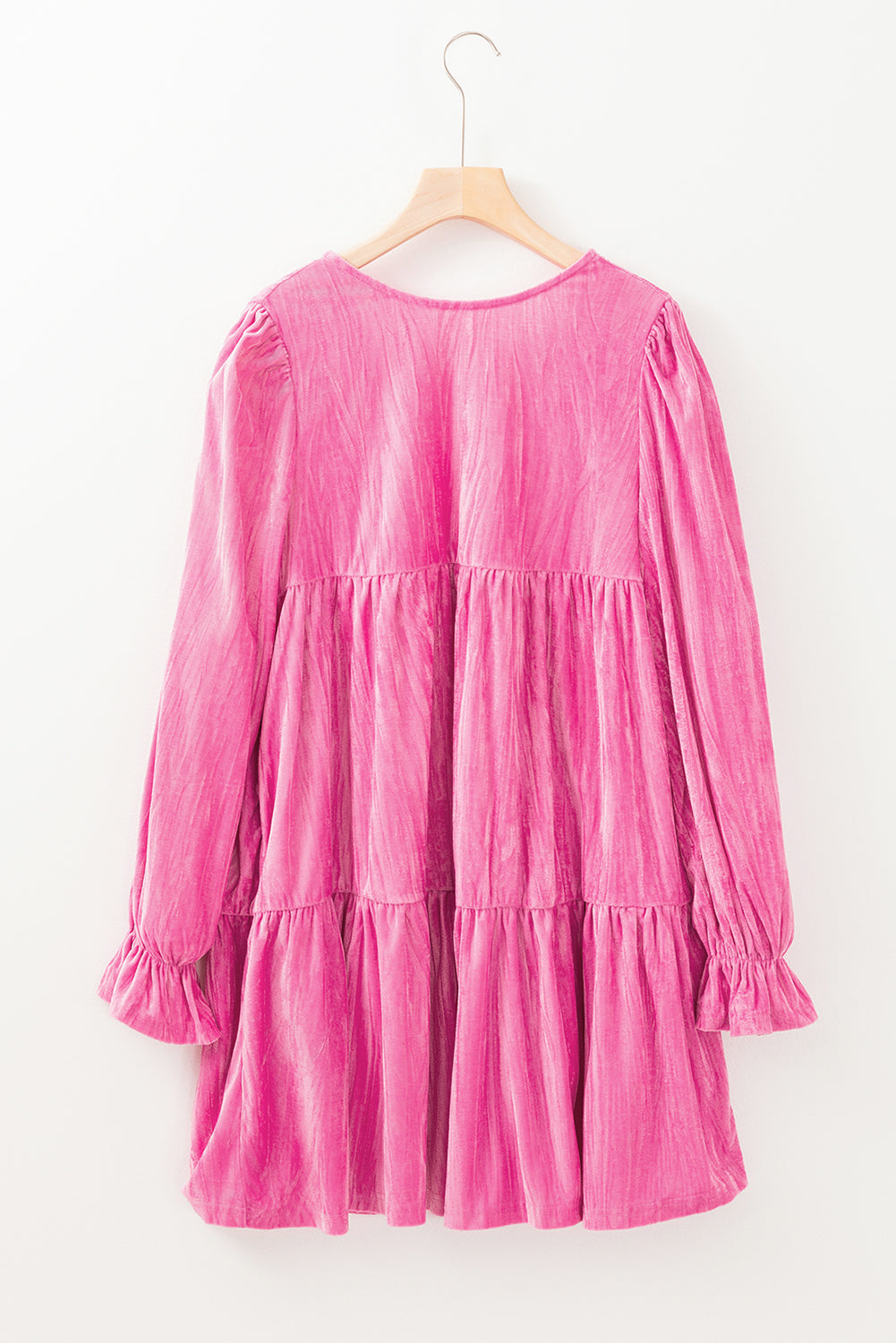 Strawberry Pink Flounce Sleeve Tiered Ruffled Velvet Mini Dress a65cd309068523a0