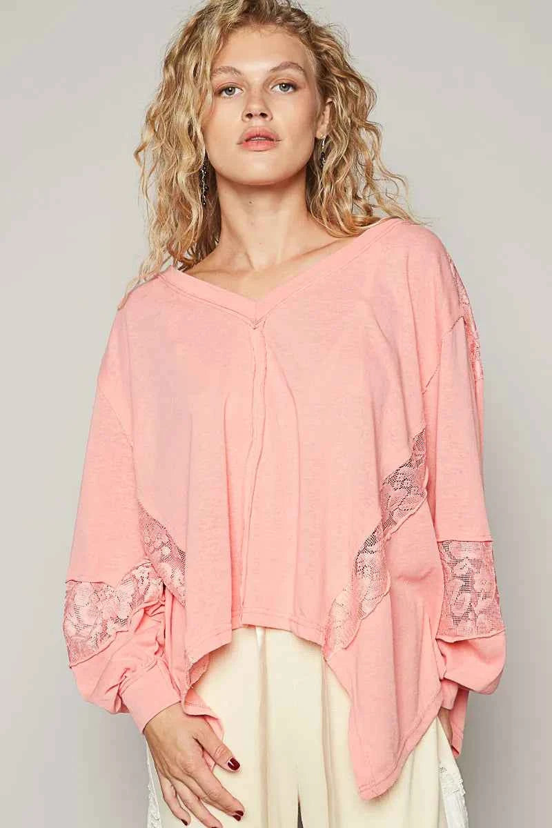 POL V-Neck Long Sleeve T-Shirt with Lace Detail a6606548-890d-47a3-9a6a-5add0e053f18-Max-Origin