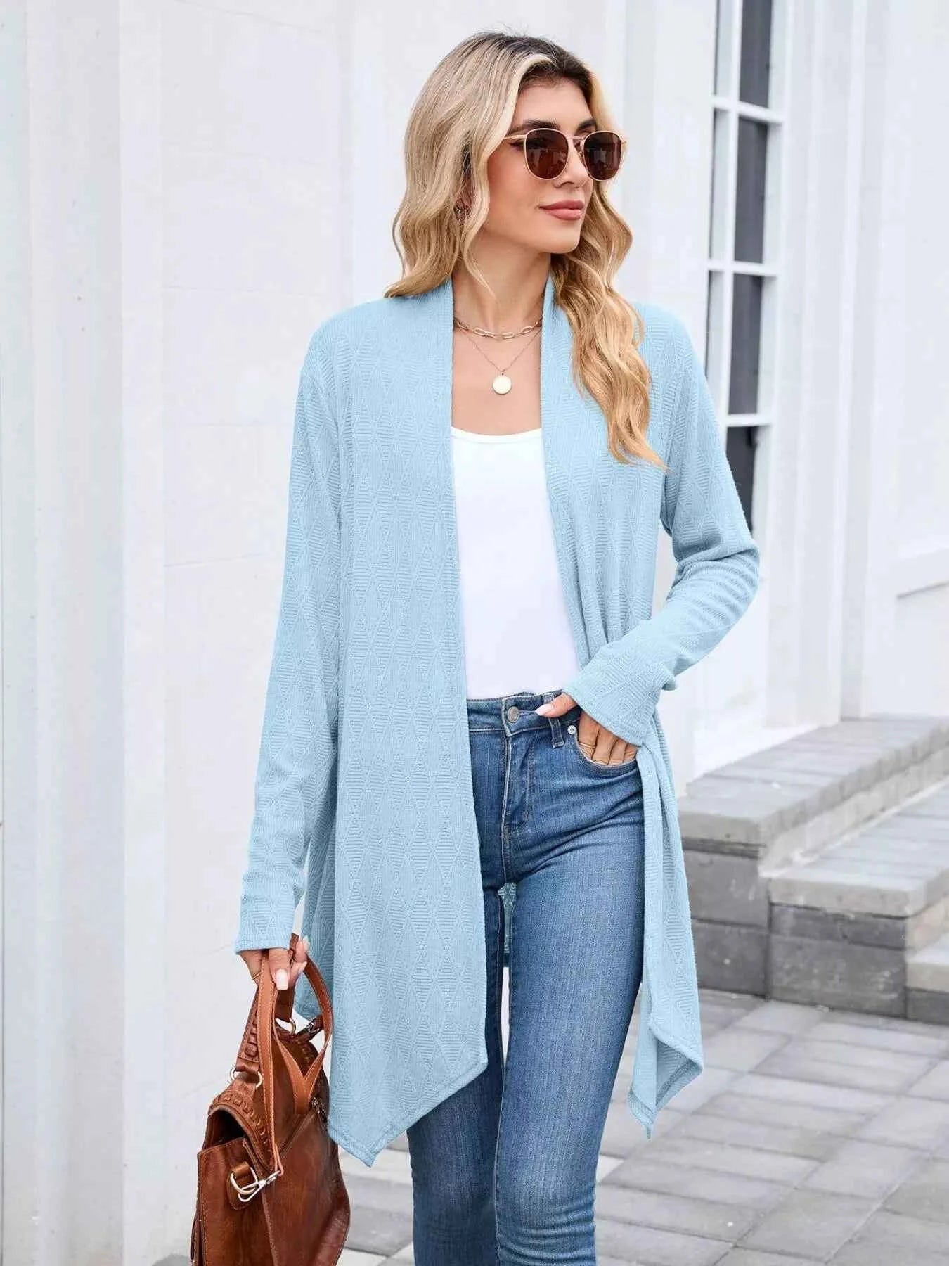 Open Front Long Cardigan Light Blue a666dc54412049ccb681d5d0feb6b3a7-Max-Origin