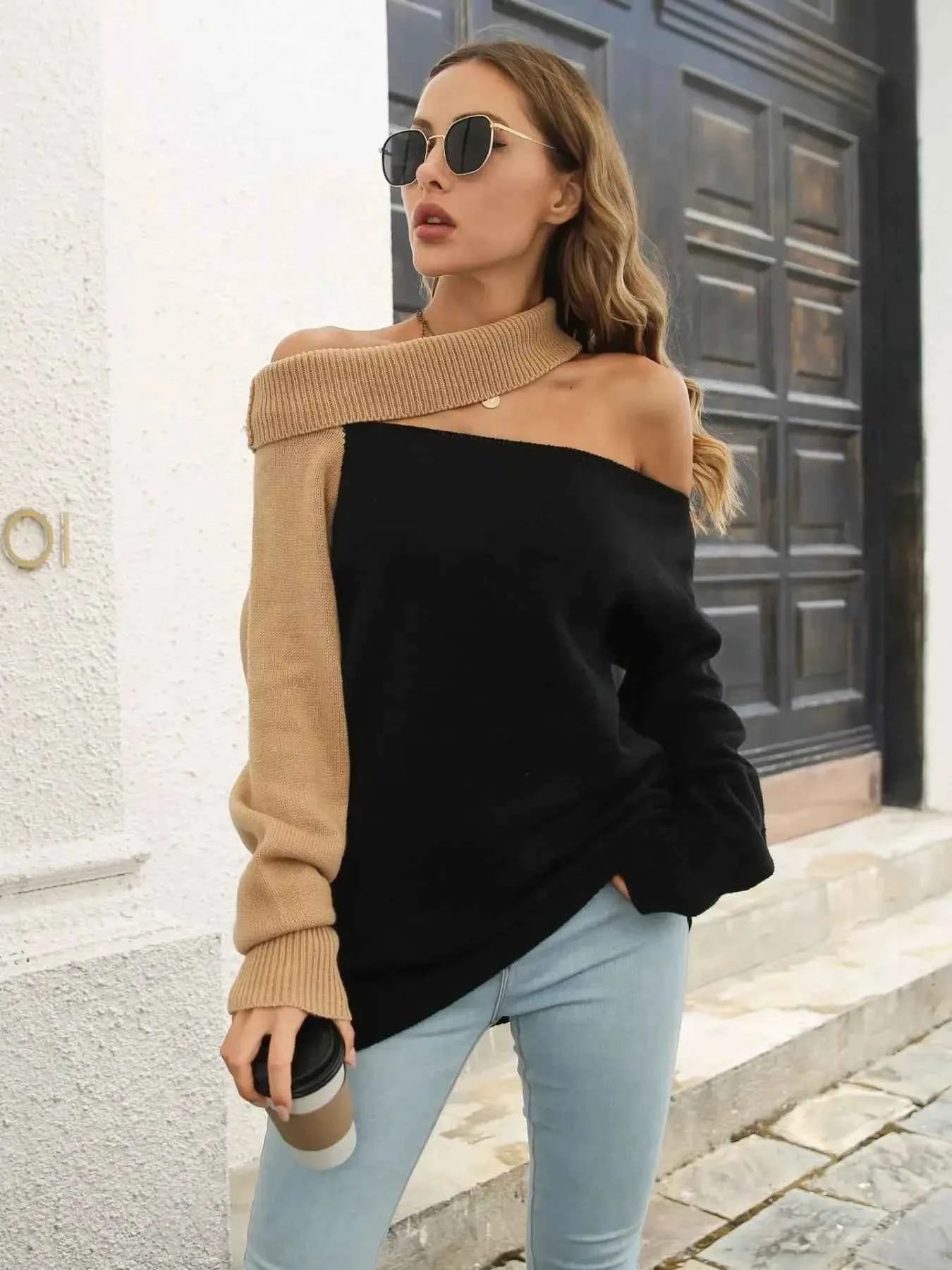Asymmetrical Color Block Long Sleeve Sweater a66728ea-bcd4-44bf-a242-212e20a34bd6-Max-Origin