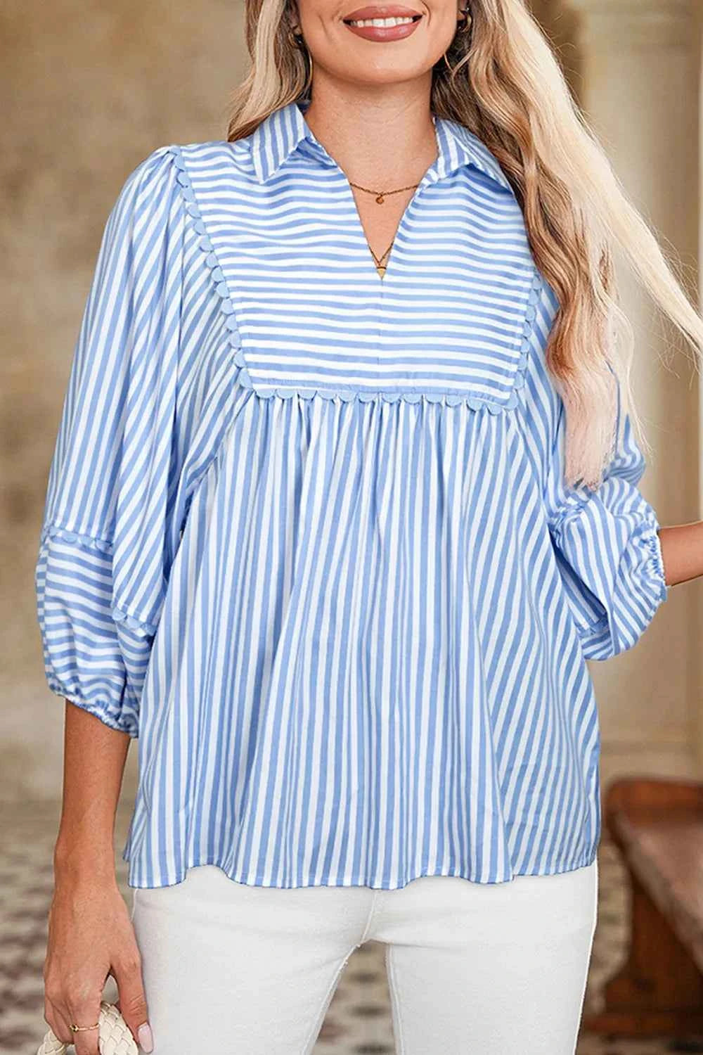 Striped Notched 3/4 Sleeve Blouse Light Blue a672da40-780b-4dc1-80da-a2822525c5a3-Max-Origin