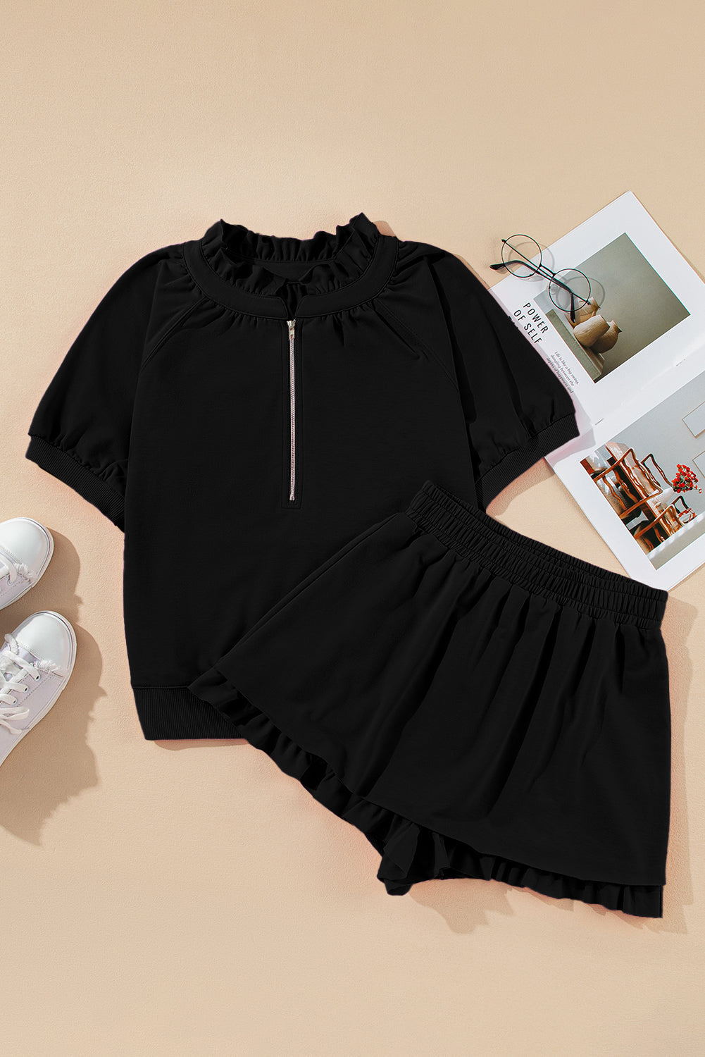 Sea Green Half Zip Puff Sleeve Top and Ruffle Shorts Set a67fcb8cb66a3b64