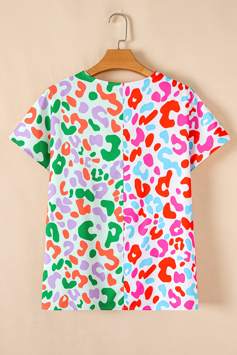 Green Leopard Print Patchwork V Neck Short Sleeve Blouse a6874247aff0b110