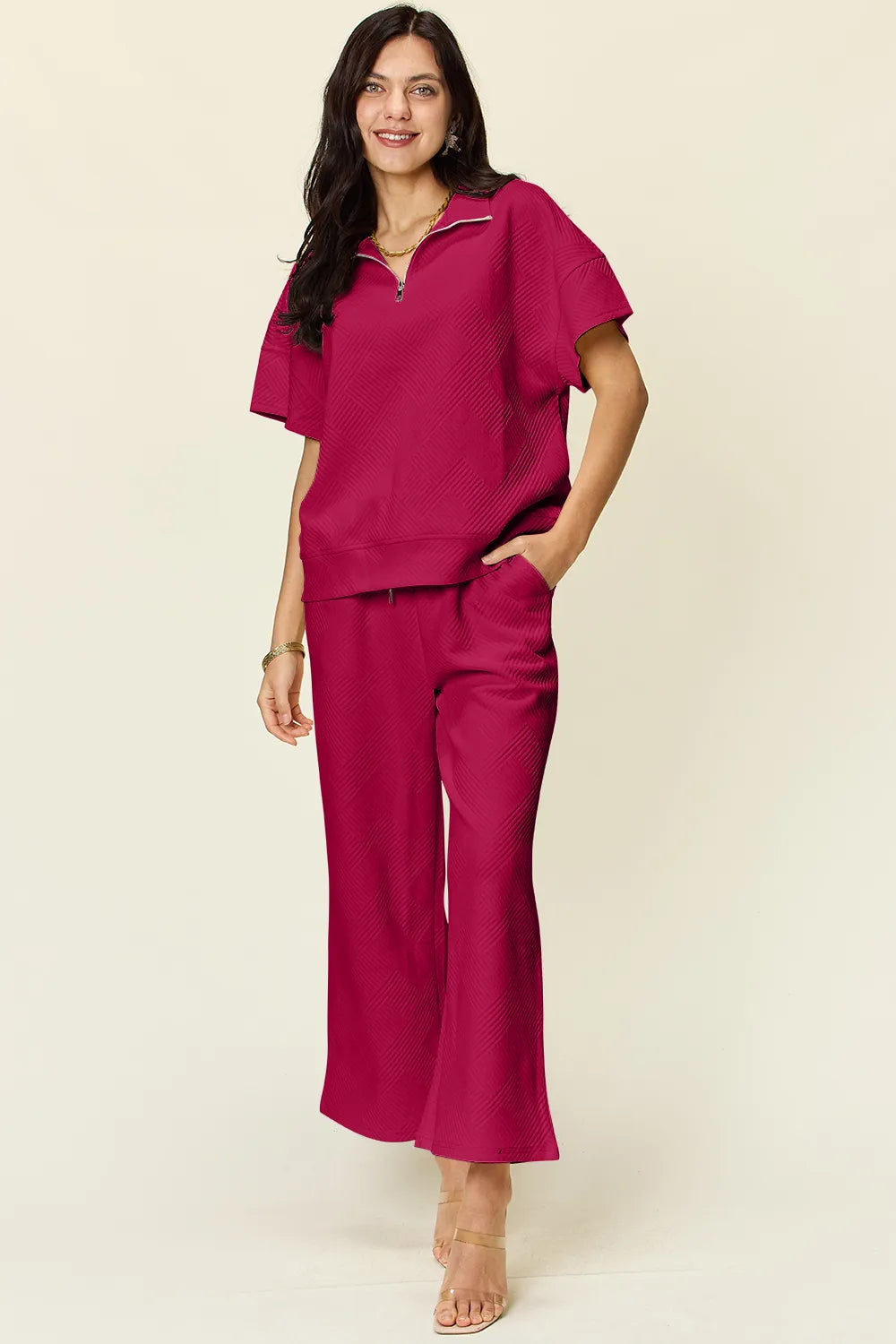 Double Take Full Size Texture Half Zip Short Sleeve Top and Pants Set Hot Pink a68c7aaf-7b65-4cdc-be83-805ad051d0bb-Max