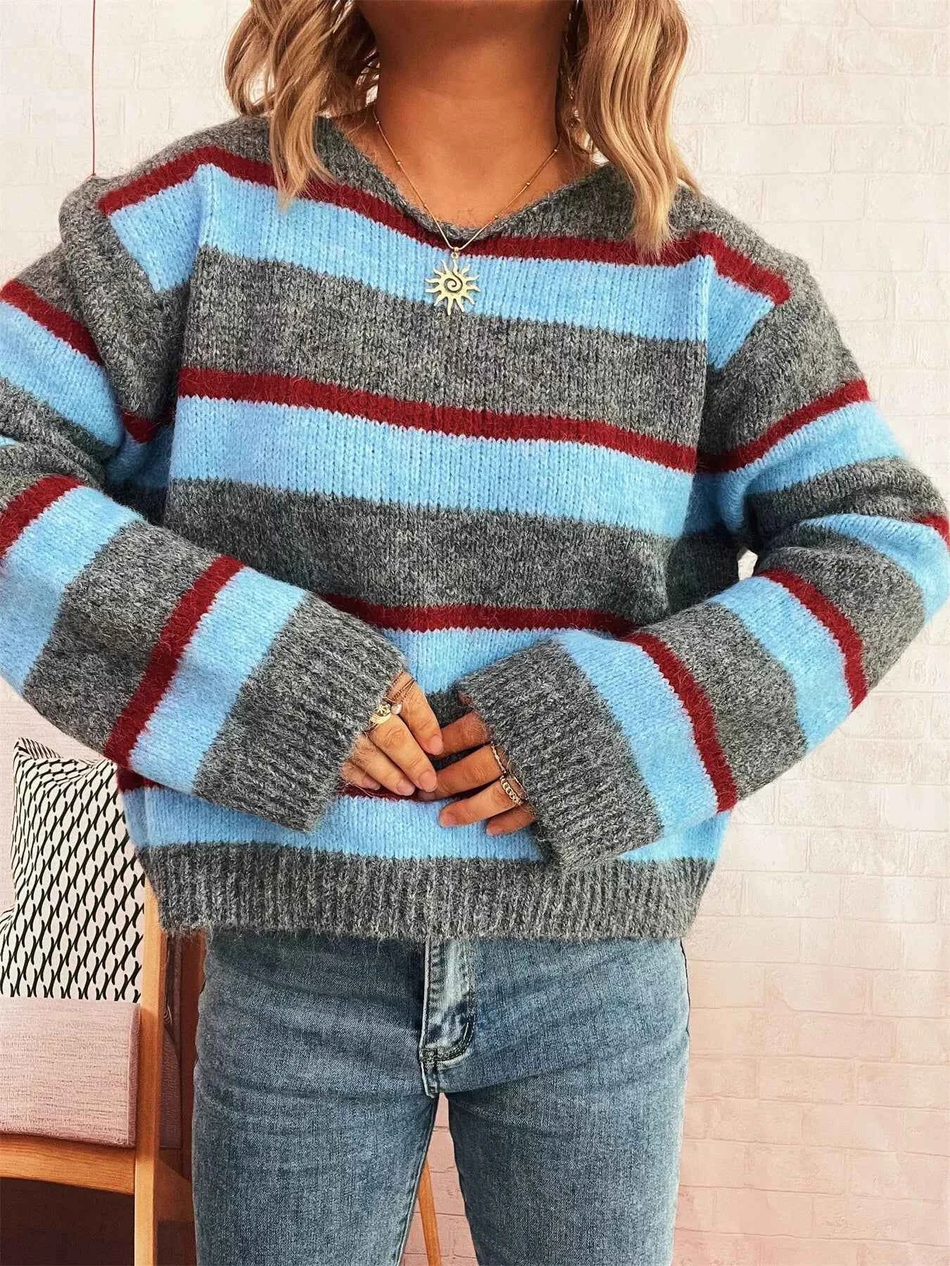 Striped Round Neck Long Sleeve Sweater a6908b8612684634b4cf393a6d6e7b7e-Max-Origin
