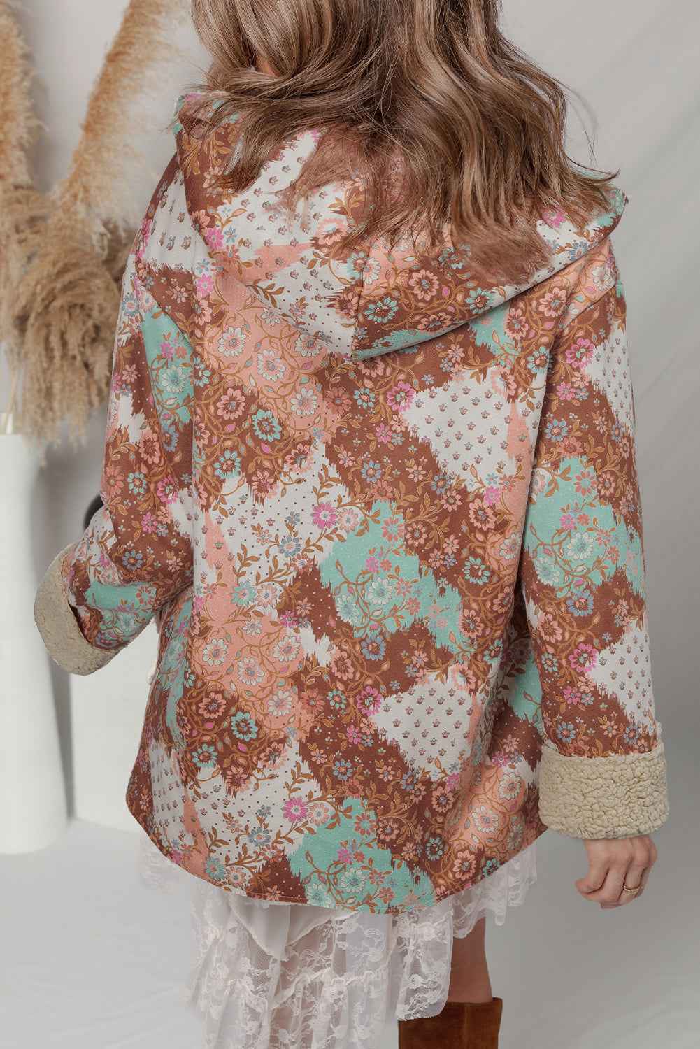 Beige Vintage Paisley Floral Printed Sherpa Lined Hooded Jacket a69cf2fd4463a866