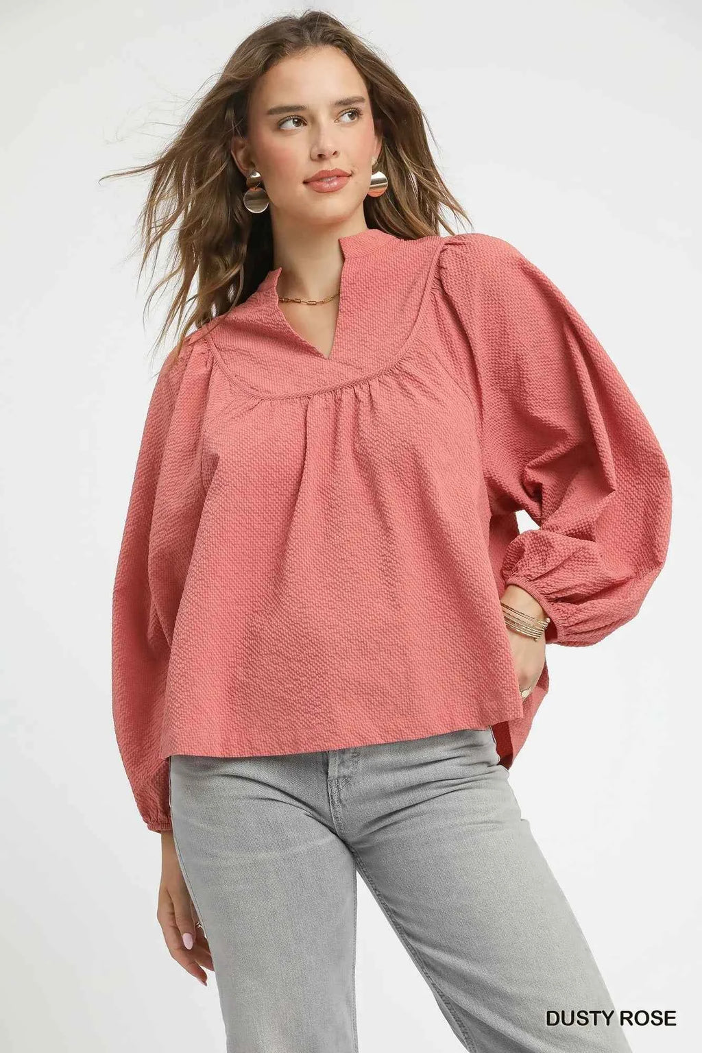 Umgee Textured Notched Blouse with Balloon Sleeves DUSTY ROSE a6c07bb5-897e-4518-bbb2-af9e98ef6b04-Max-Origin