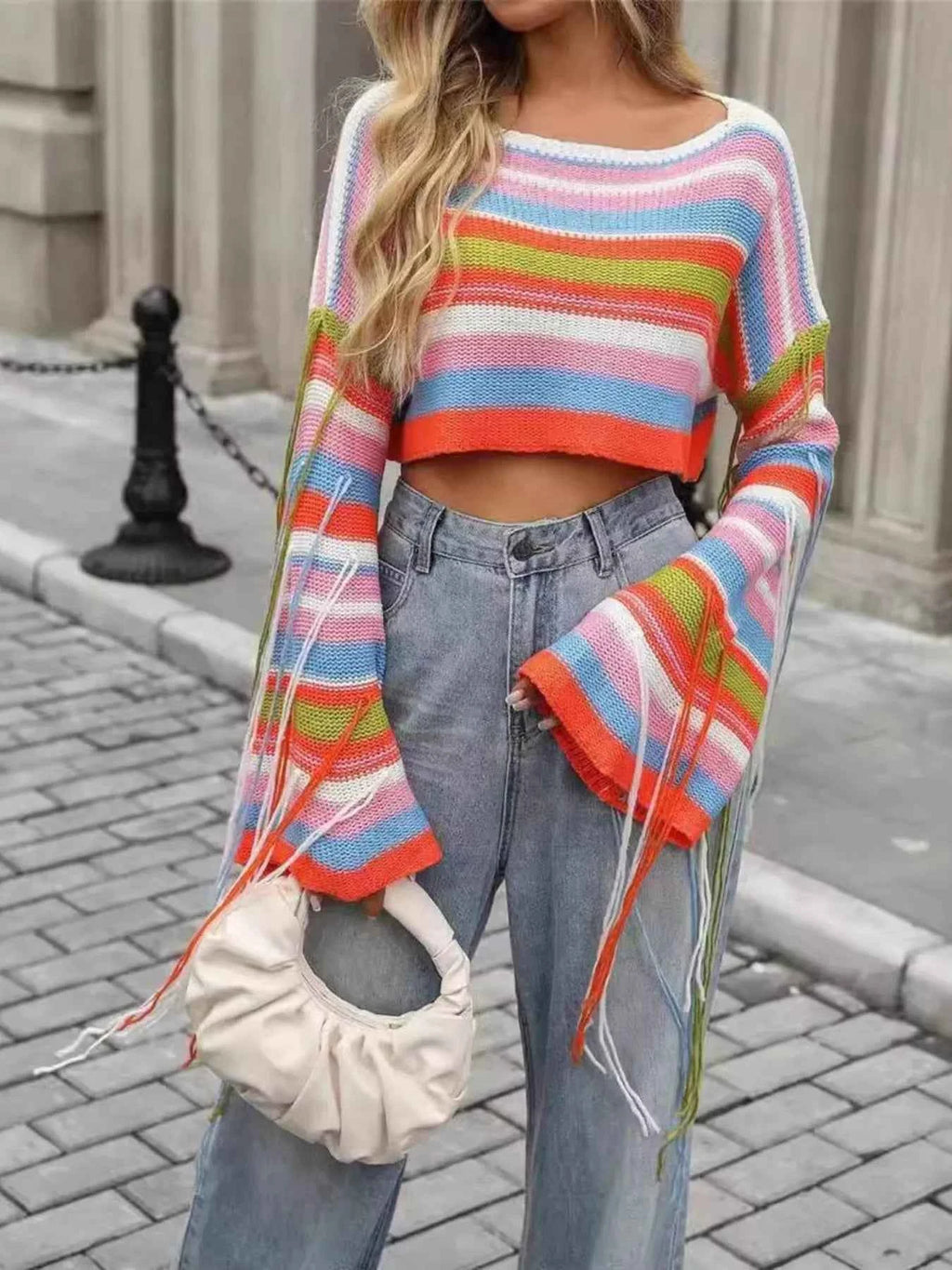Fringe Striped Long Sleeve Crop Sweater a6d9abee6b674dd98a28bd43c3002302-Max-Origin