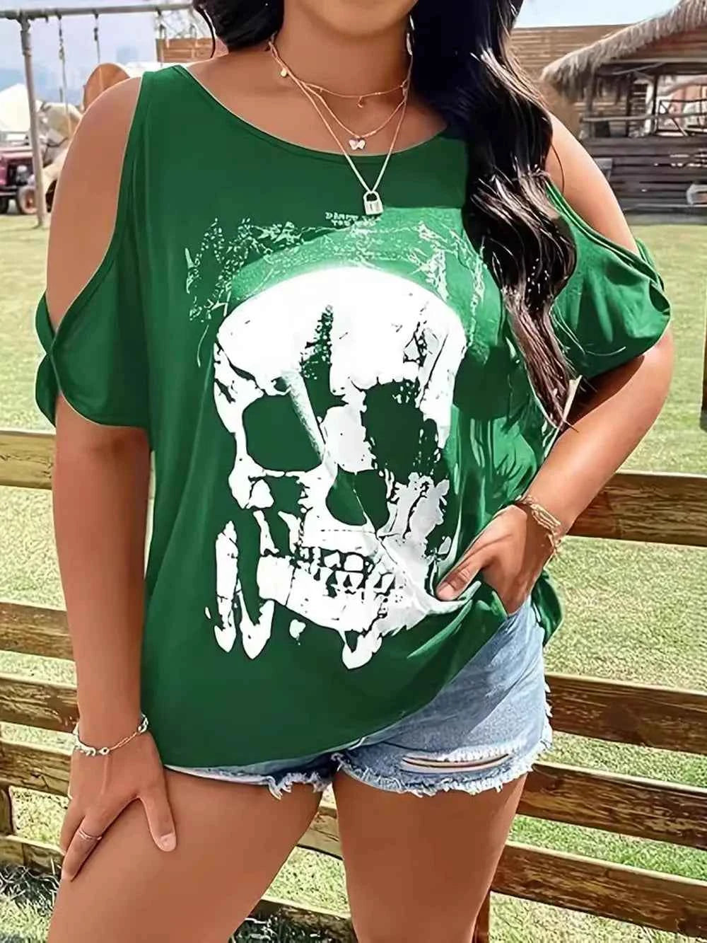 Plus Size Skeleton Graphic Round Neck Cold Shoulder T-Shirt Green a6e75bab-38b8-4ce6-af4a-5c7af31d9a53-Max