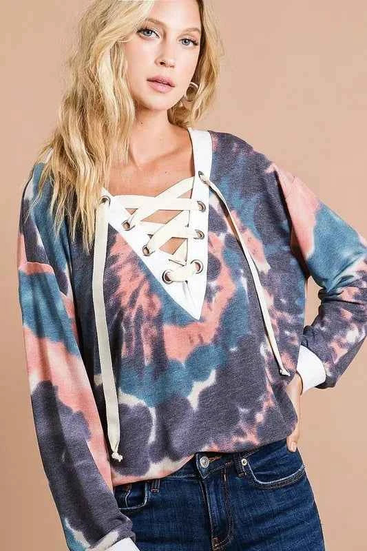 BiBi Tie Dye Deep V-Neck Top with Lace Up Front a6f39f31-e312-479e-8362-dc7108636134-Max-Origin