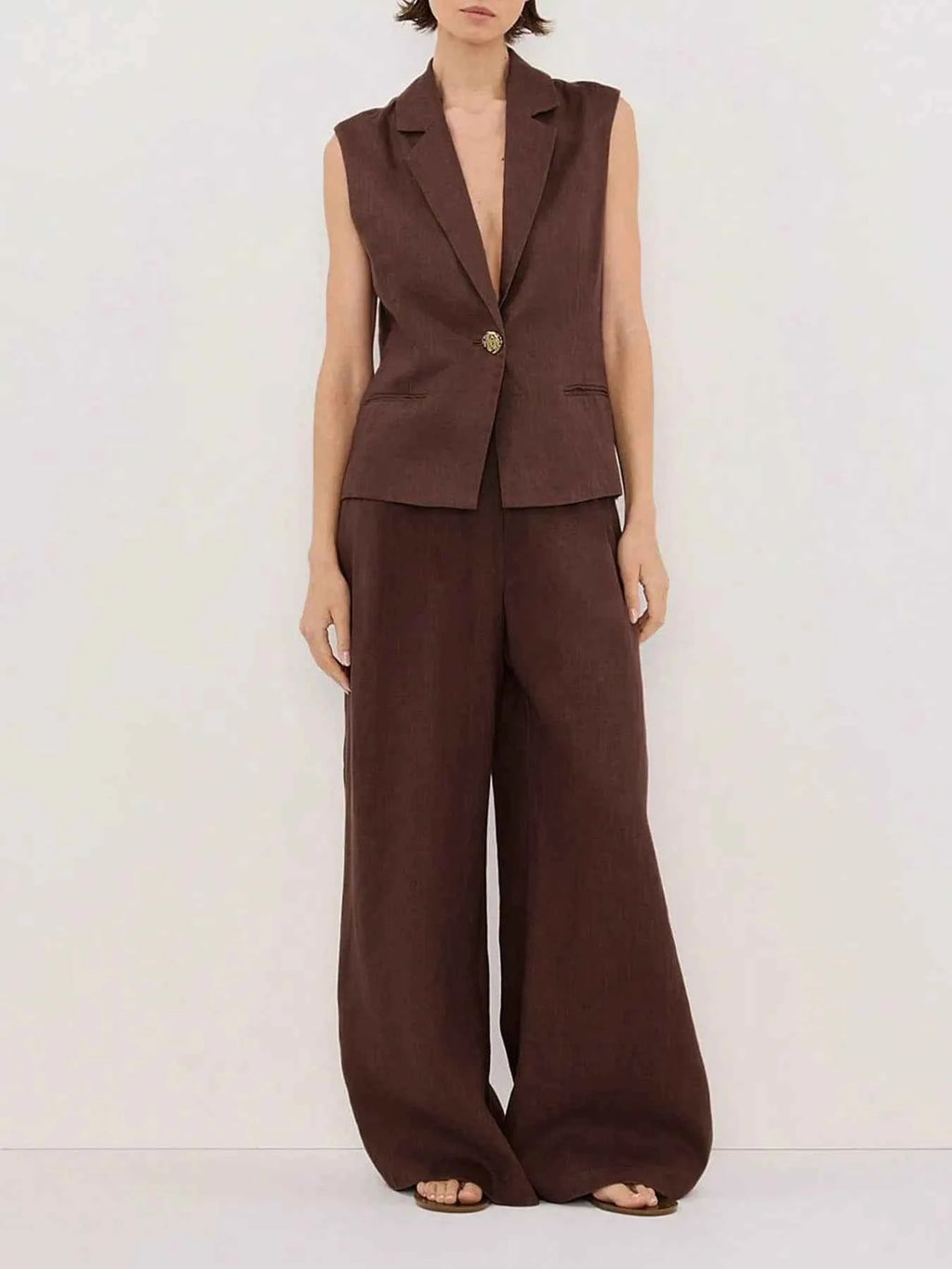 One Button Sleeveless Top and Pants Set Dark Brown a70191bf-acff-4f08-aafe-ea012cd5f36c-Max-Origin
