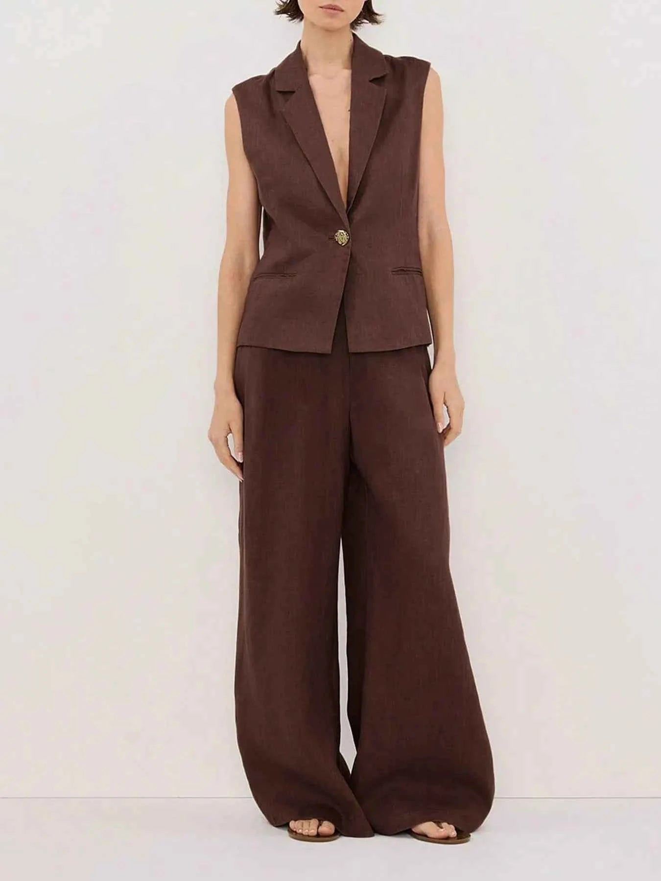One Button Sleeveless Top and Pants Set Dark Brown a70191bf-acff-4f08-aafe-ea012cd5f36c-Max-Origin