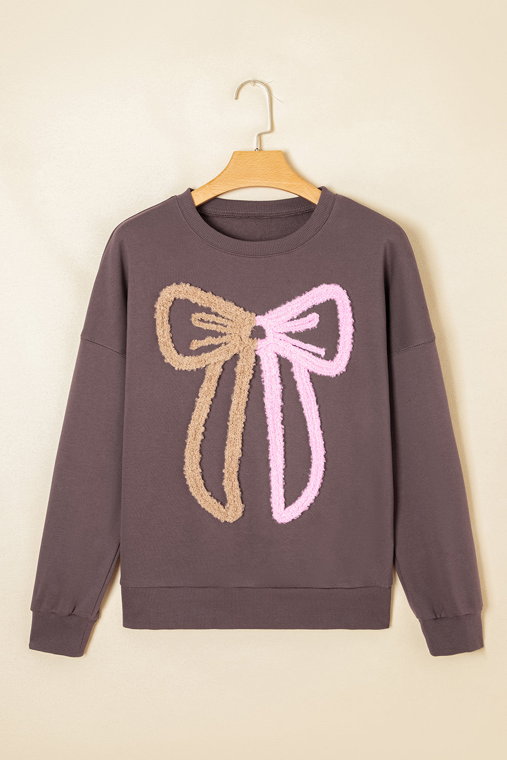 Dark Khaki Terry Bow Pattern Drop Shoulder Sweatshirt a706c0bb5e51d59f