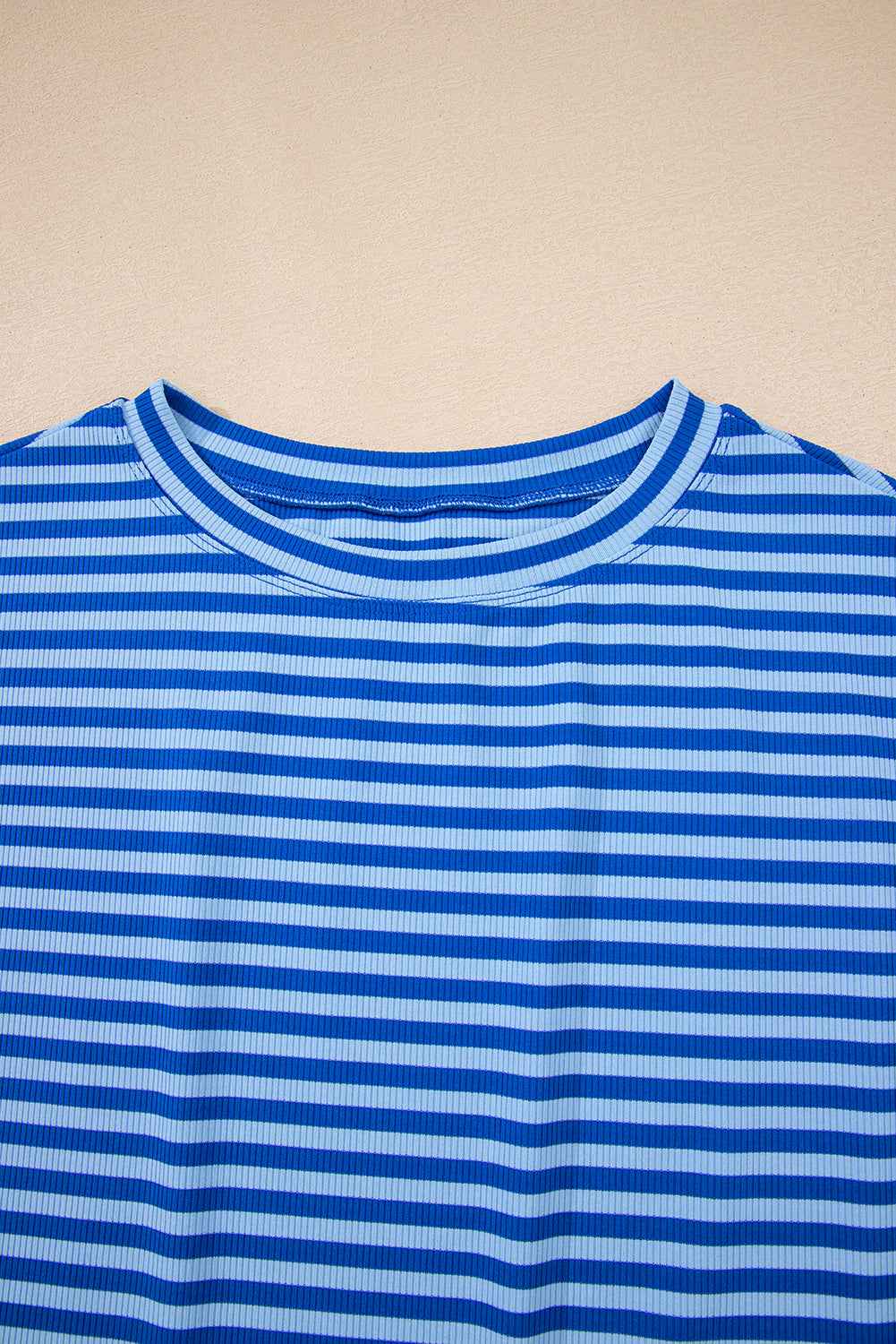 Sky Blue Stripe Ribbed Cap Sleeve Round Neck T Shirt a72d3d30db13b462