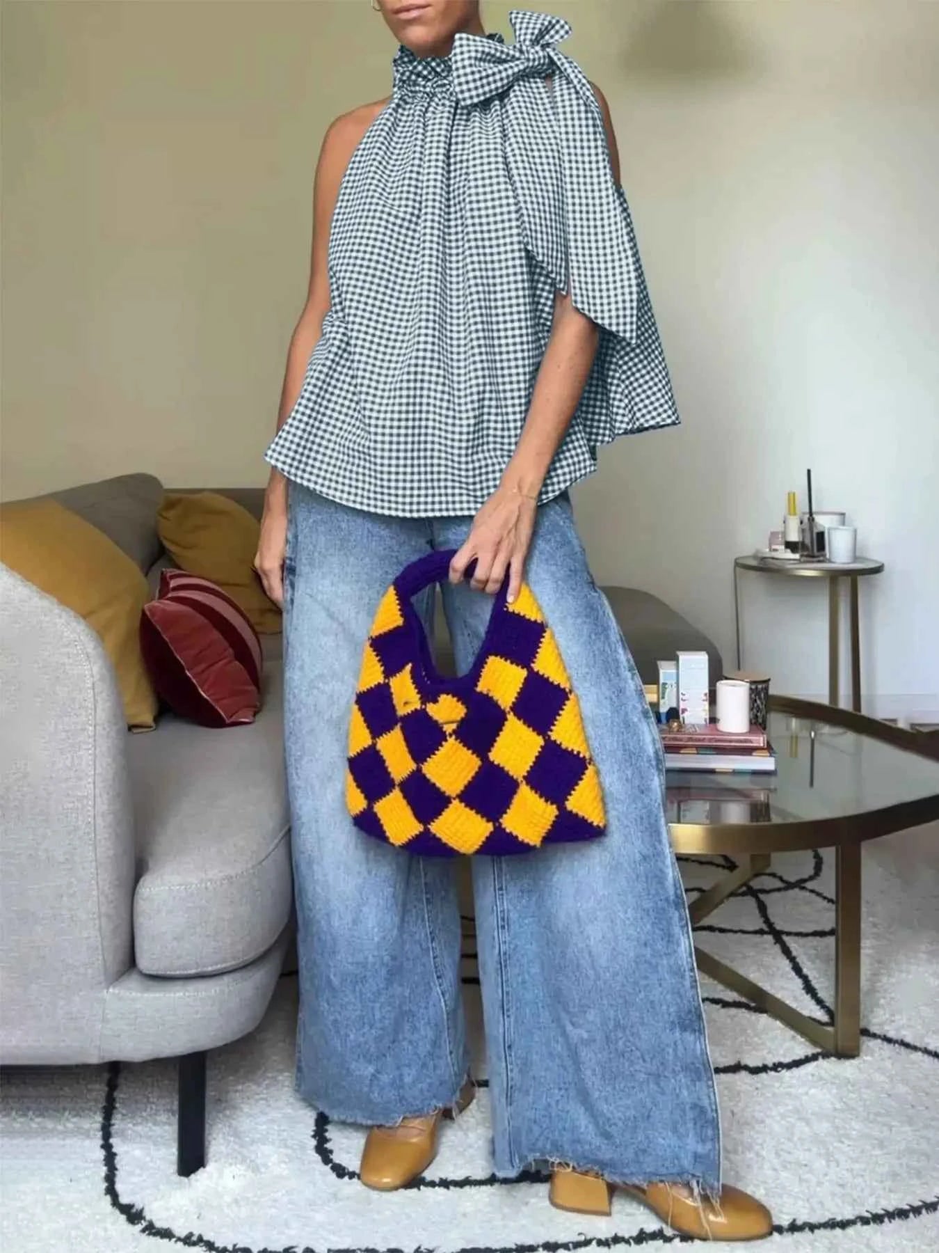 Asymmetric Gingham Bow Tie Sleeveless Top a7373a15-3a50-424c-afc6-c2409245a62d-Max-Origin