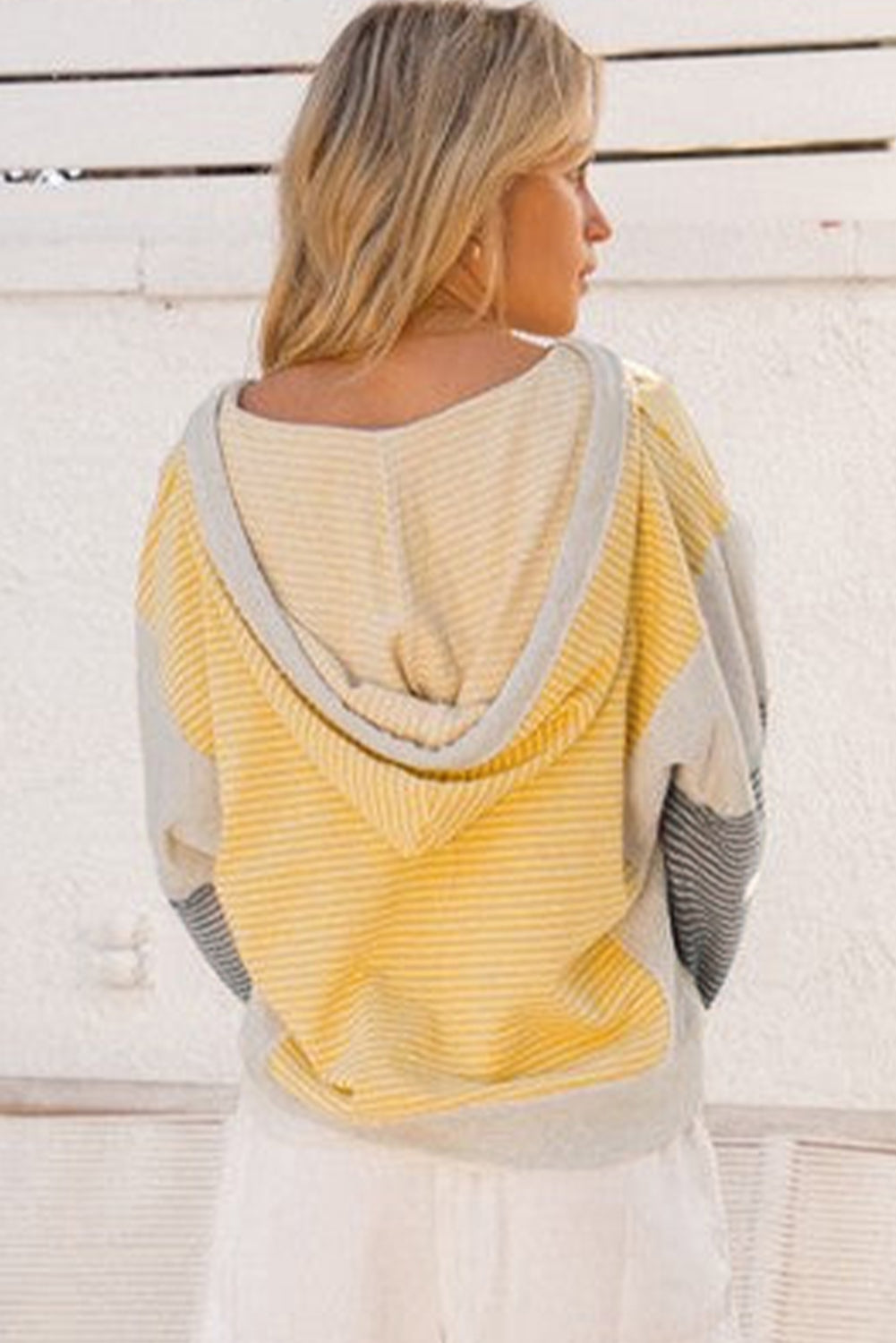 Yellow Stripe Colorblock Drawstring V Neck Loose Fit Hooded Top a741ee79b70768fb