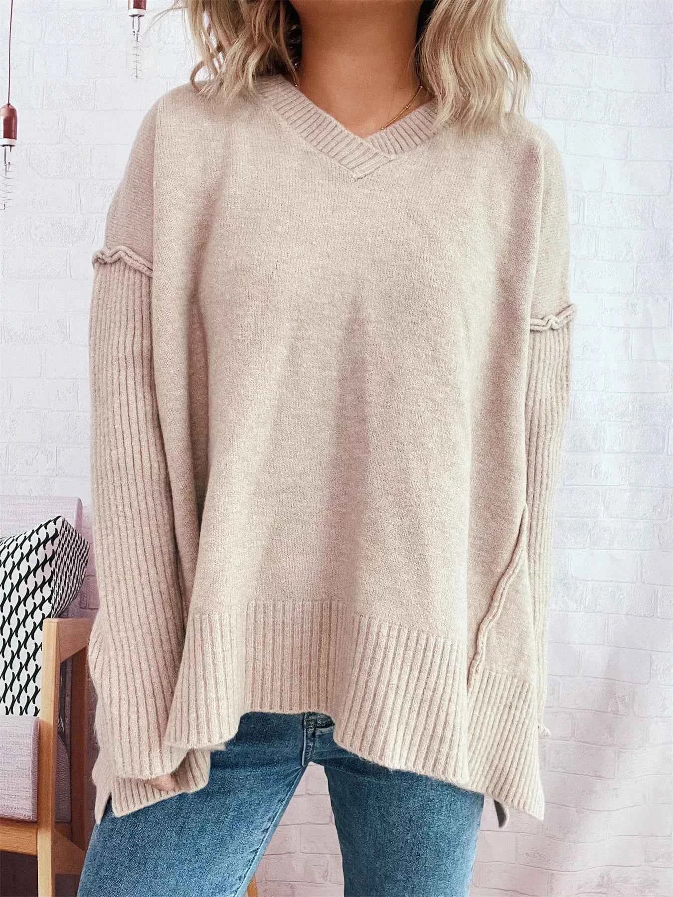 V-Neck Dropped Shoulder Sweater a744517dca4141b390668945a31acd70-Max-Origin
