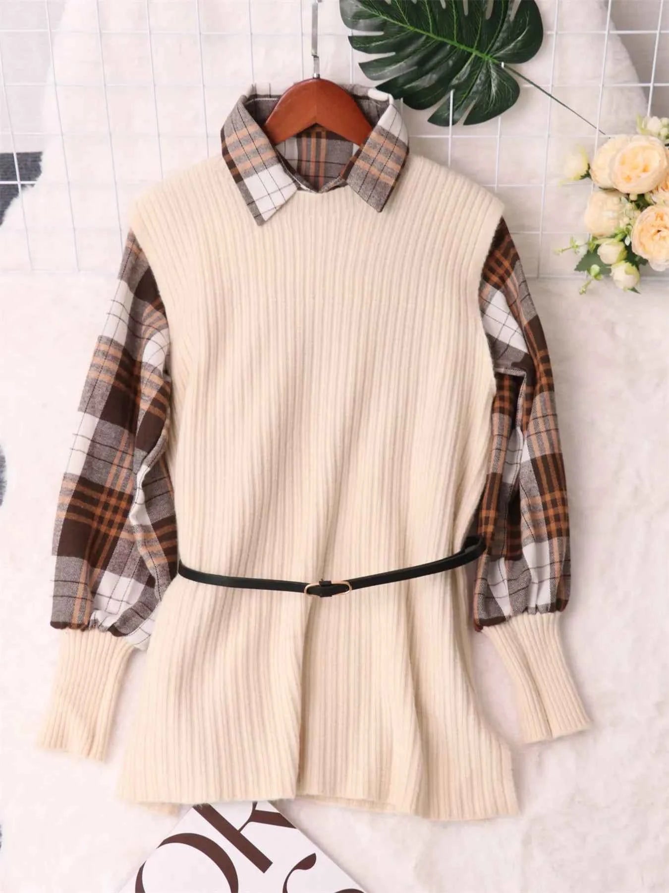 Plaid Long Sleeve Sweater Dress Apricot One Size a74e6751d6ff41ac983ce7048affd68b-Max-Origin
