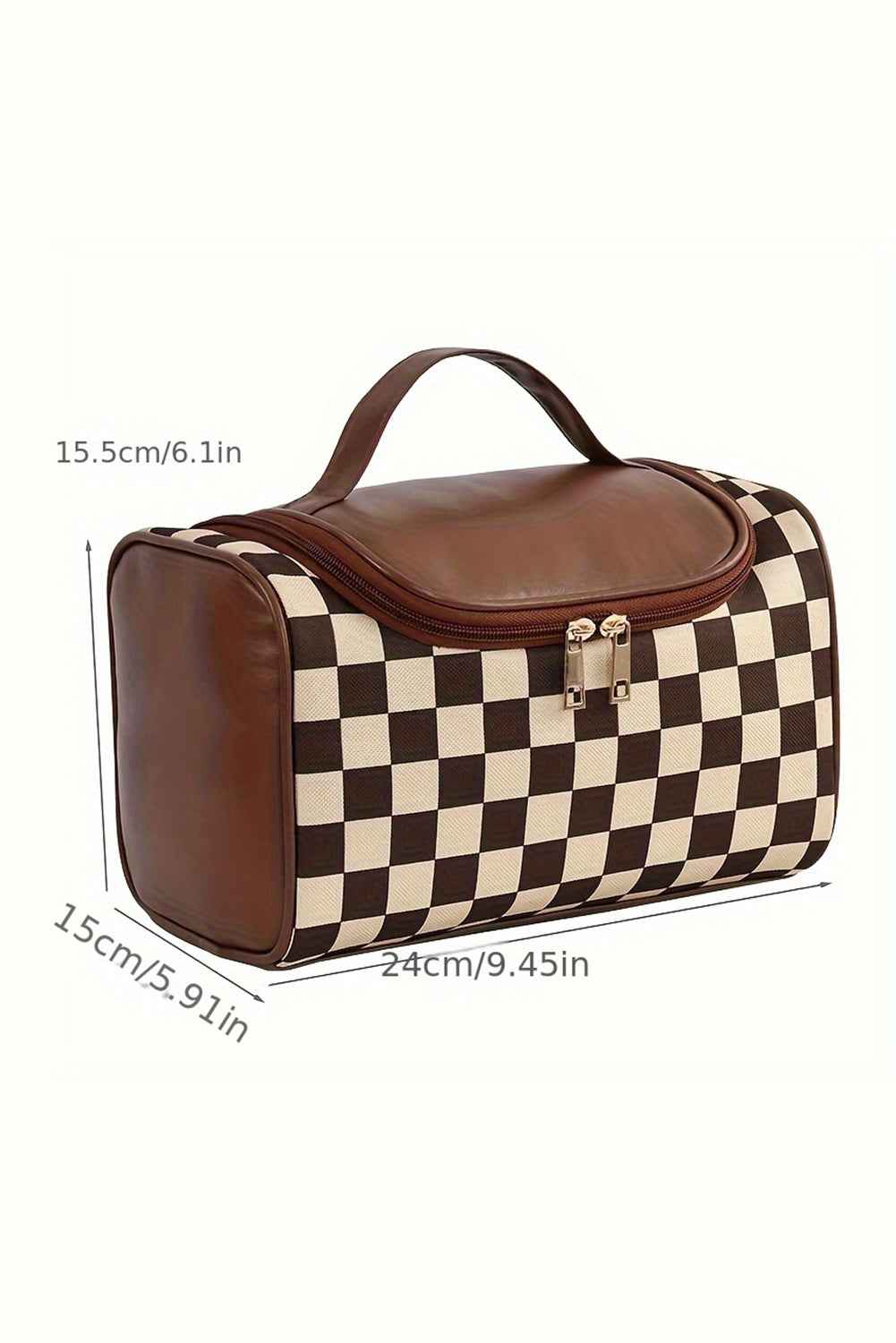 Checkered Zipper Large Cosmetic Bag with Handle Black ONE SIZE 95%PU+5%Alloy a752e20348e7f548
