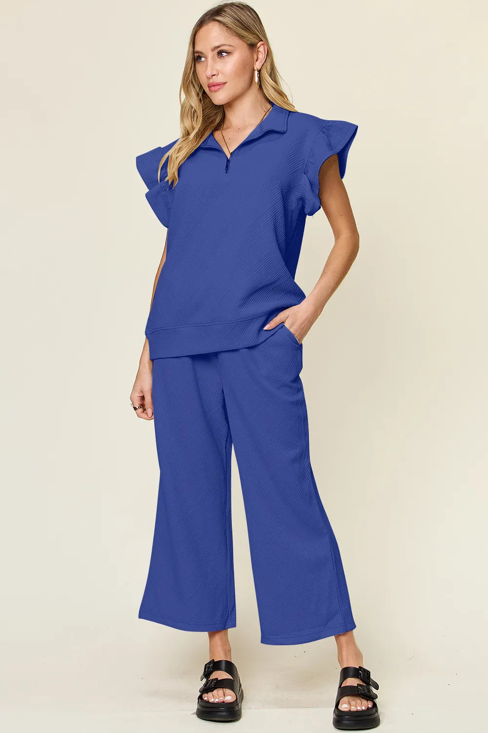 Double Take Texture Ruffle Short Sleeve Top and Drawstring Wide Leg Pants Set Royal Blue a7600482-3ec8-4950-847f-2a9732048d58-Max