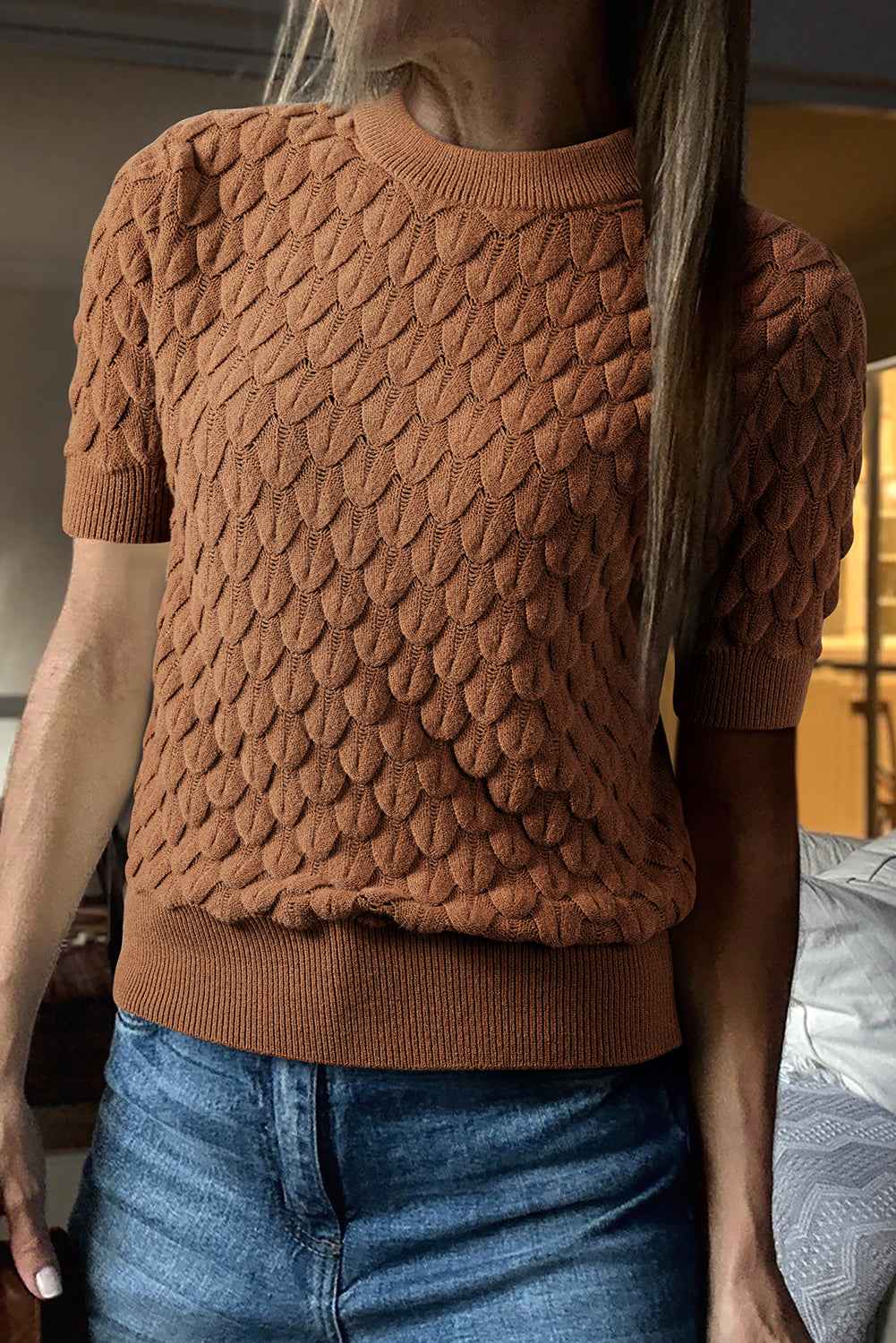 Straw Yellow Fish Scale Textured Knit Ribbed High Neck Short Sleeve Sweater a78232b4da47ef30