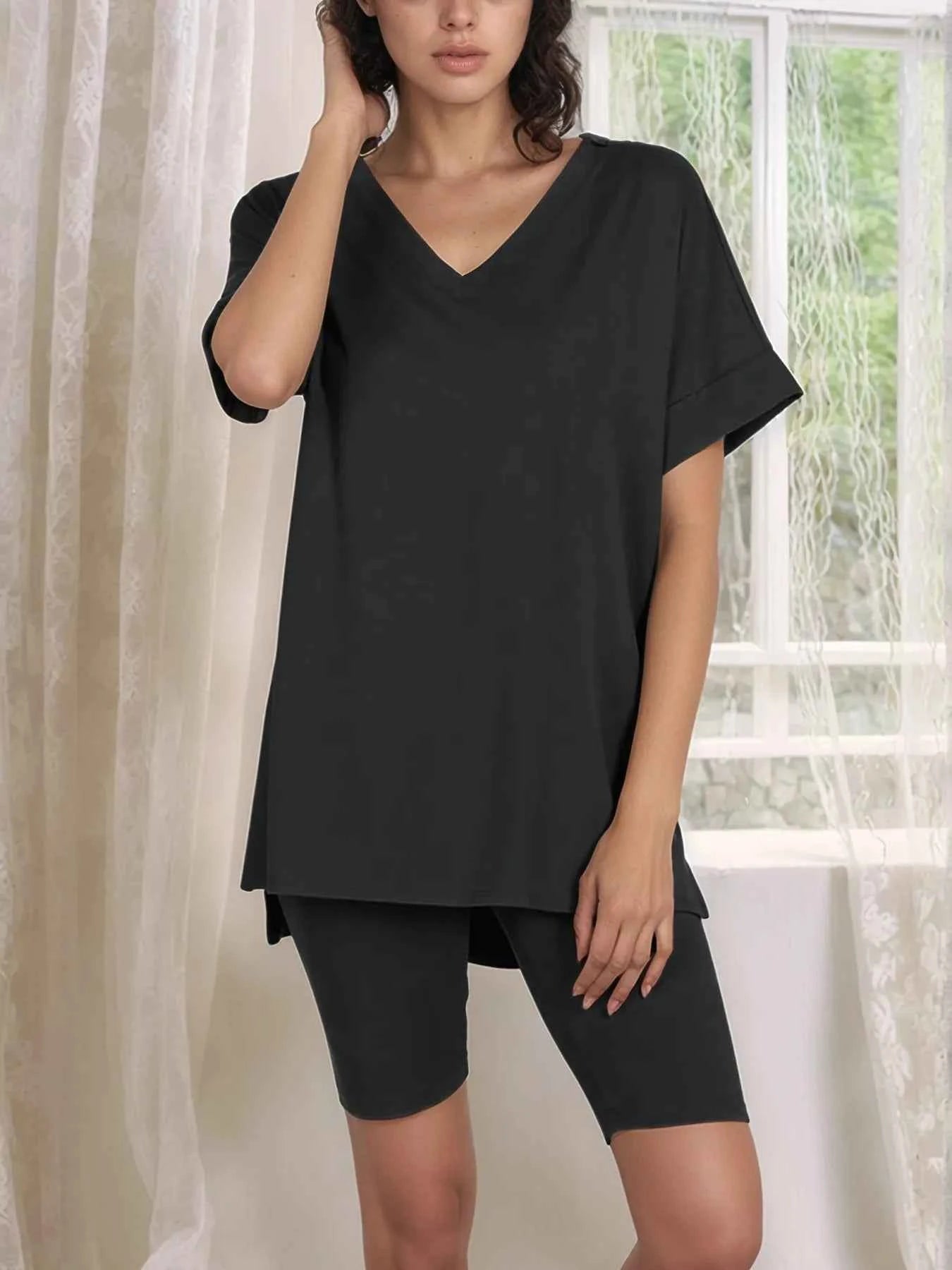 V-Neck High-Low T-Shirt and Shorts Set Black a786a94d-09b3-4147-83d4-e2fe5b865eeb-Max-Origin