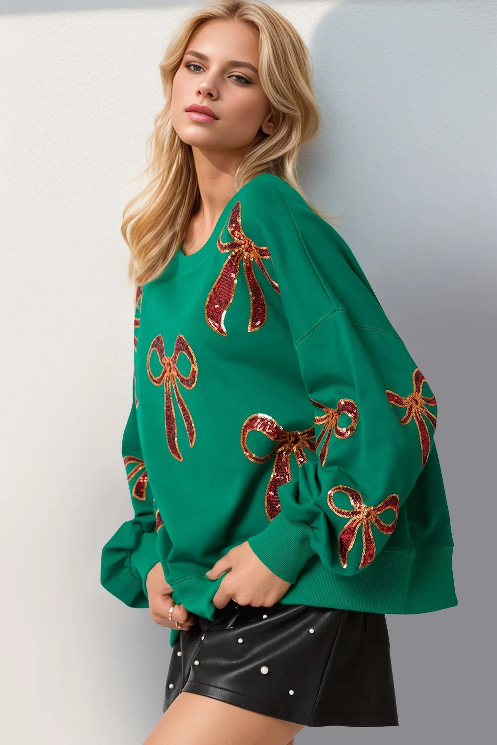 Double Take Christmas Bow Sequin Round Neck Dropped Shoulder Sweatshirt a793ef5d-9b99-4ae2-b990-8a178a286a58-Max