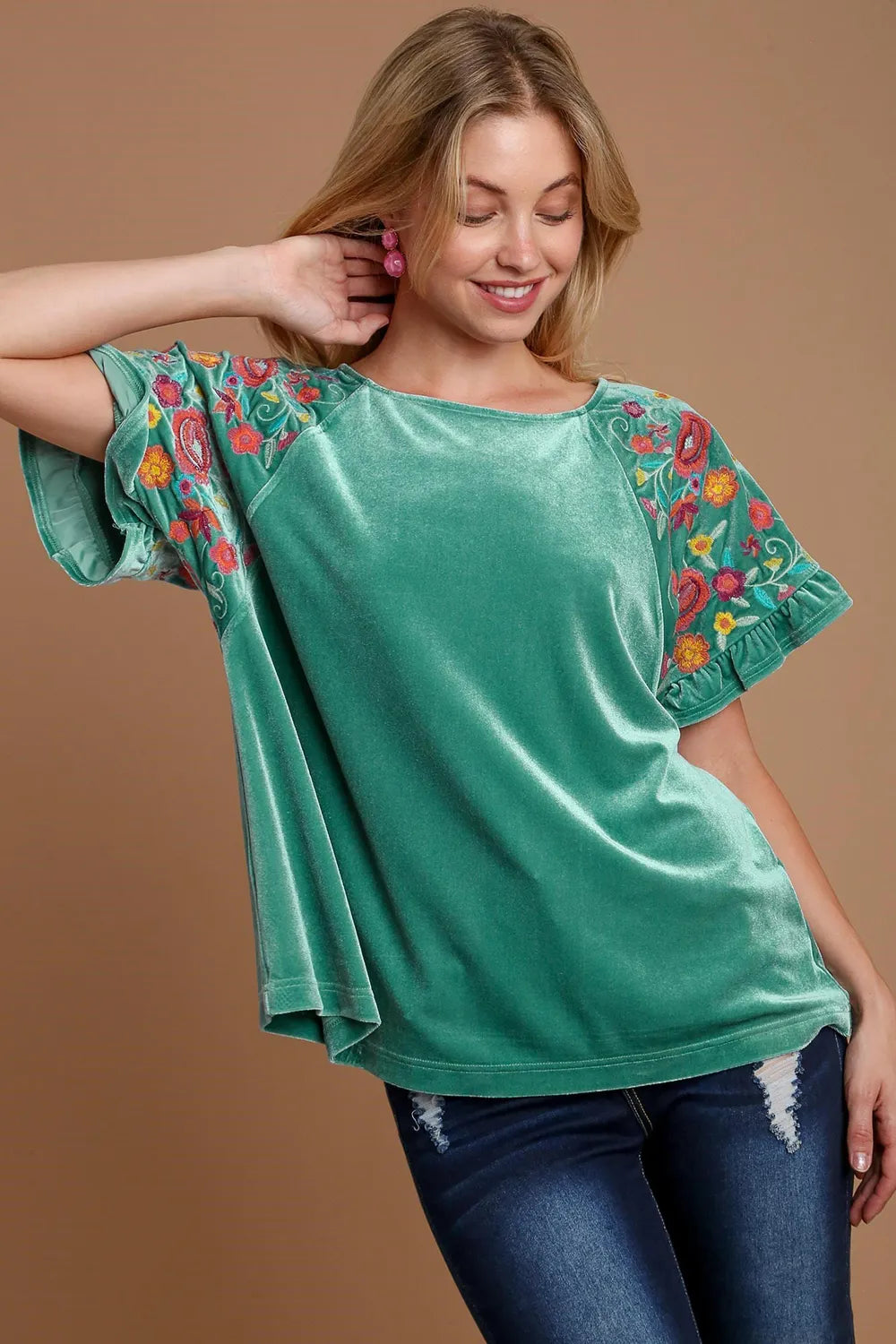 Umgee Velvet Embroidery Short Sleeve Blouse Turquoise a7b402d3-2e2c-4de8-b60f-faa22ef67dc3-Max