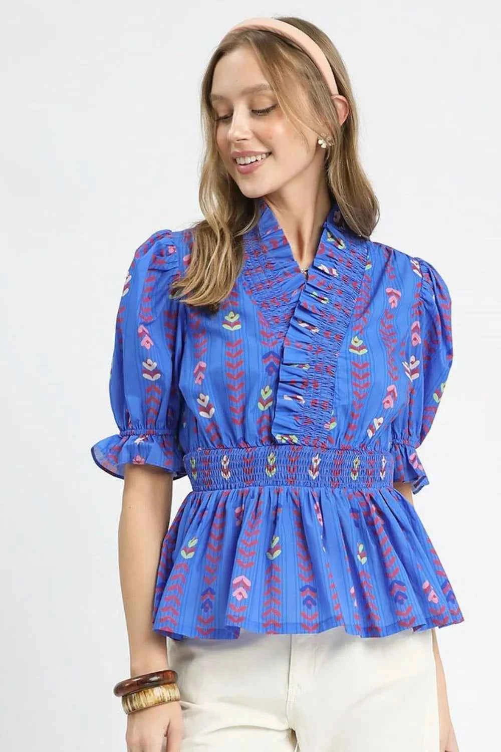 Umgee Printed Half Sleeve Peplum Blouse a7b4d039-fd0b-48b8-94e7-55451b00e569-Max-Origin