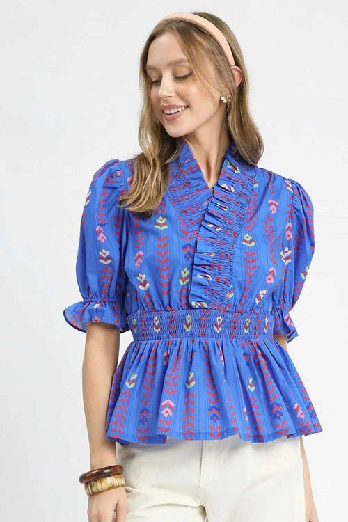 Umgee Printed Half Sleeve Peplum Blouse a7b4d039-fd0b-48b8-94e7-55451b00e569-Max-Origin