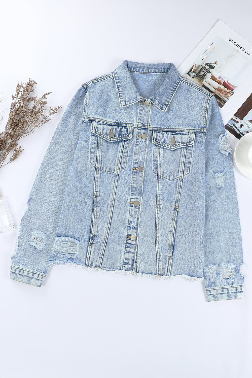 Light Blue Distressed Ripped Raw Hem Buttons Denim Jacket a7be456583645ef1